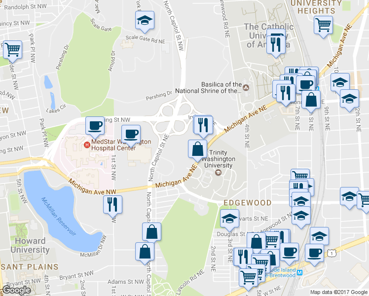 map of restaurants, bars, coffee shops, grocery stores, and more near 142 Michigan Avenue Northeast in Washington
