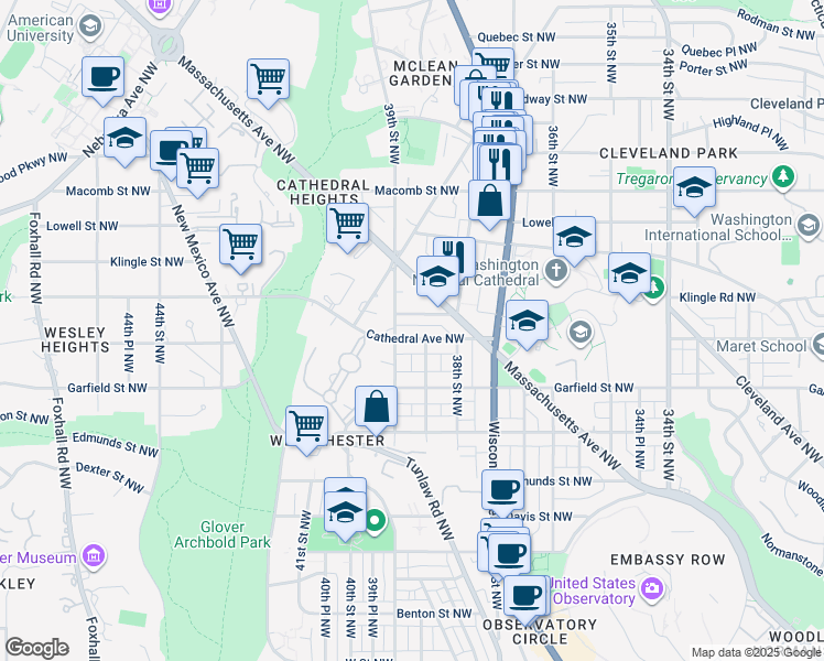 map of restaurants, bars, coffee shops, grocery stores, and more near 3833 Cathedral Avenue Northwest in Washington