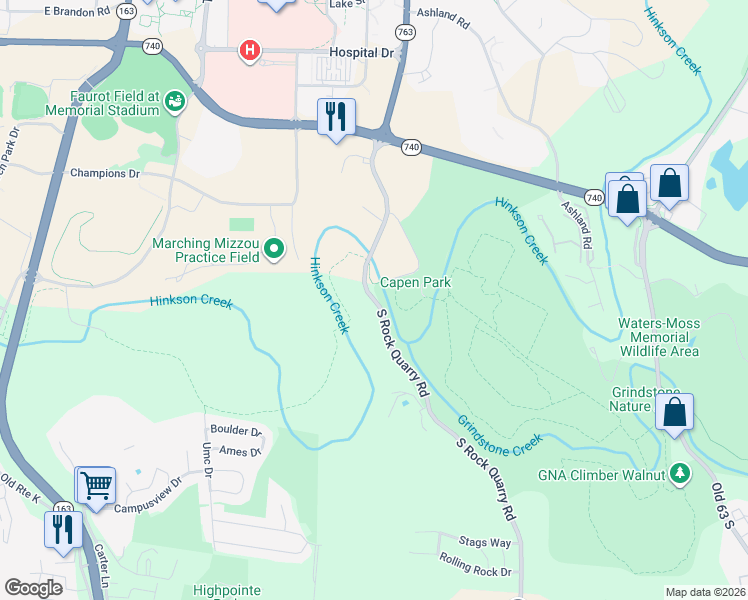 map of restaurants, bars, coffee shops, grocery stores, and more near 2221 South Rock Quarry Road in Columbia
