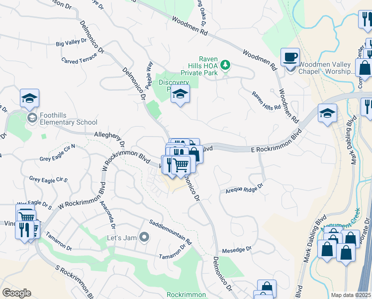 map of restaurants, bars, coffee shops, grocery stores, and more near 144 West Rockrimmon Boulevard in Colorado Springs