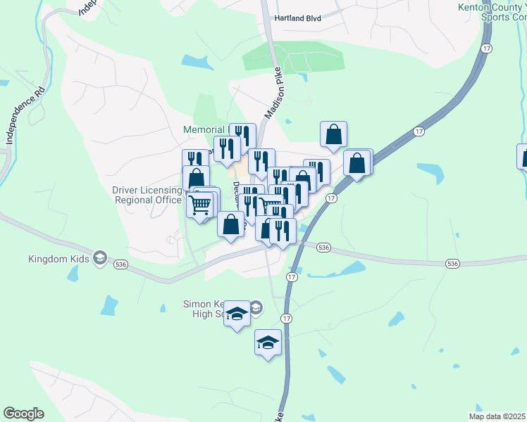 map of restaurants, bars, coffee shops, grocery stores, and more near 5468 Madison Pike in Independence