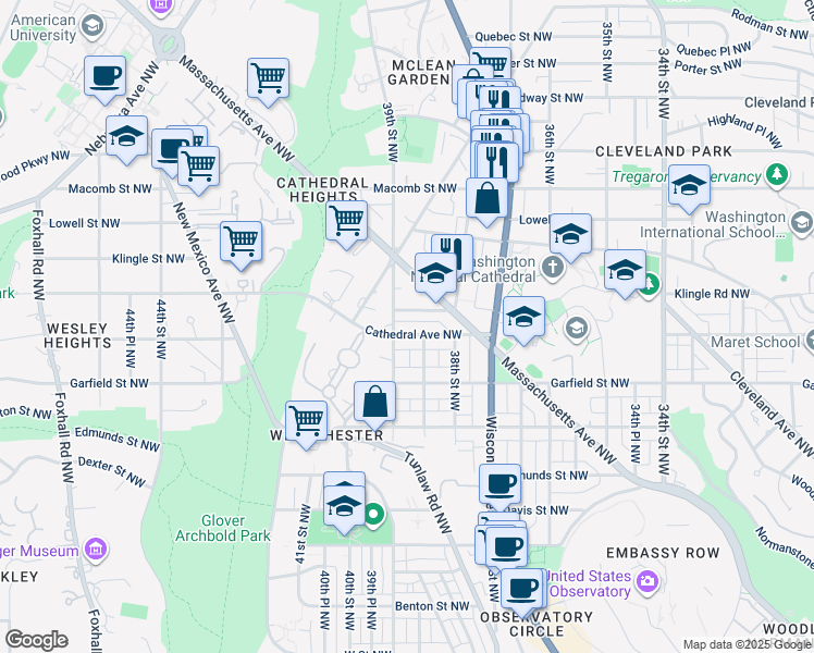 map of restaurants, bars, coffee shops, grocery stores, and more near 3835 Cathedral Avenue Northwest in Washington