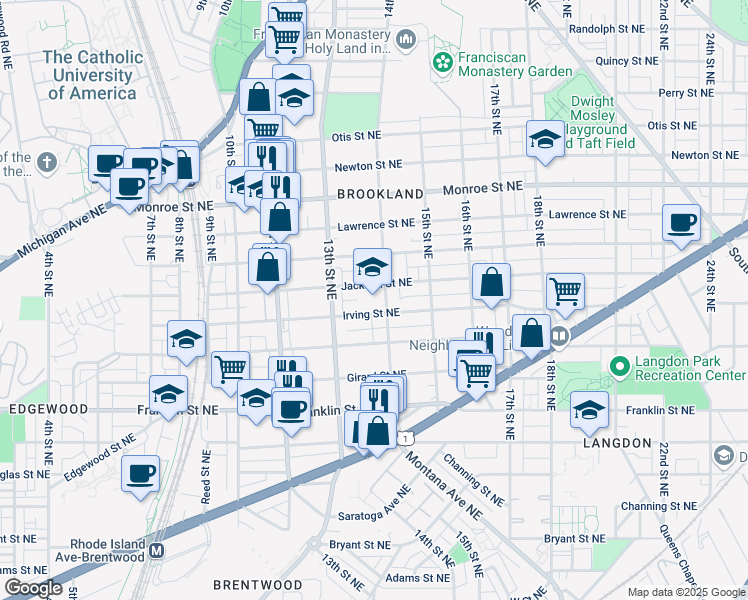 map of restaurants, bars, coffee shops, grocery stores, and more near 1404 Jackson Street Northeast in Washington