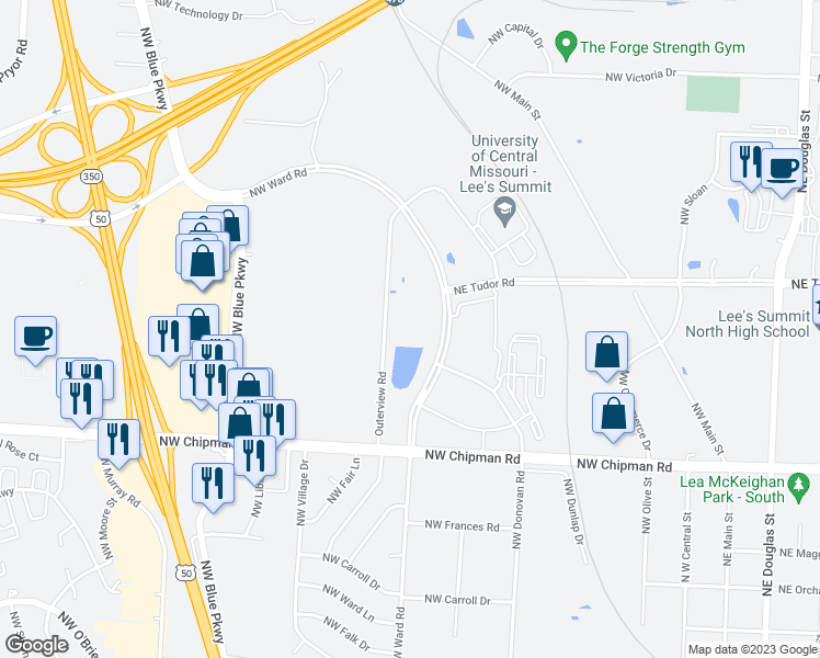 map of restaurants, bars, coffee shops, grocery stores, and more near 700 Northwest Ward Road in Lee's Summit