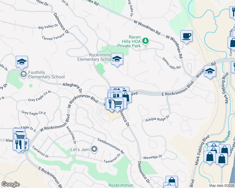 map of restaurants, bars, coffee shops, grocery stores, and more near 152 West Rockrimmon Boulevard in Colorado Springs