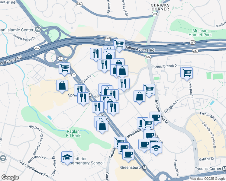 map of restaurants, bars, coffee shops, grocery stores, and more near 1548 Spring Hill Road in McLean