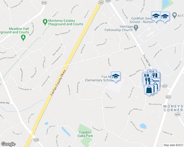 map of restaurants, bars, coffee shops, grocery stores, and more near 2604 Claxton Drive in Herndon