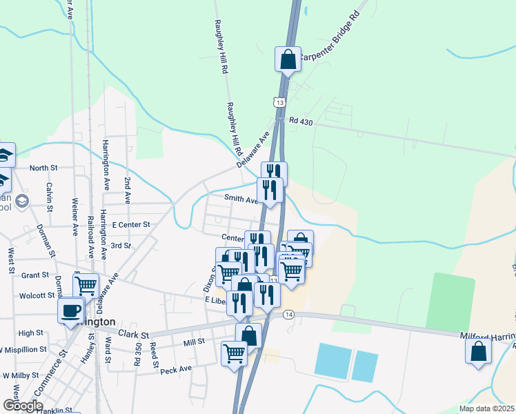map of restaurants, bars, coffee shops, grocery stores, and more near 515 Smith Avenue in Harrington