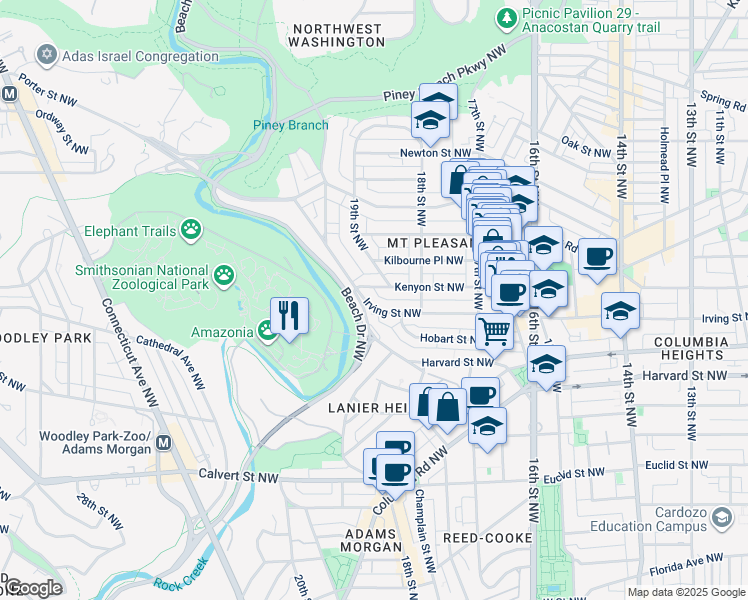 map of restaurants, bars, coffee shops, grocery stores, and more near 1845 Irving Street Northwest in Washington