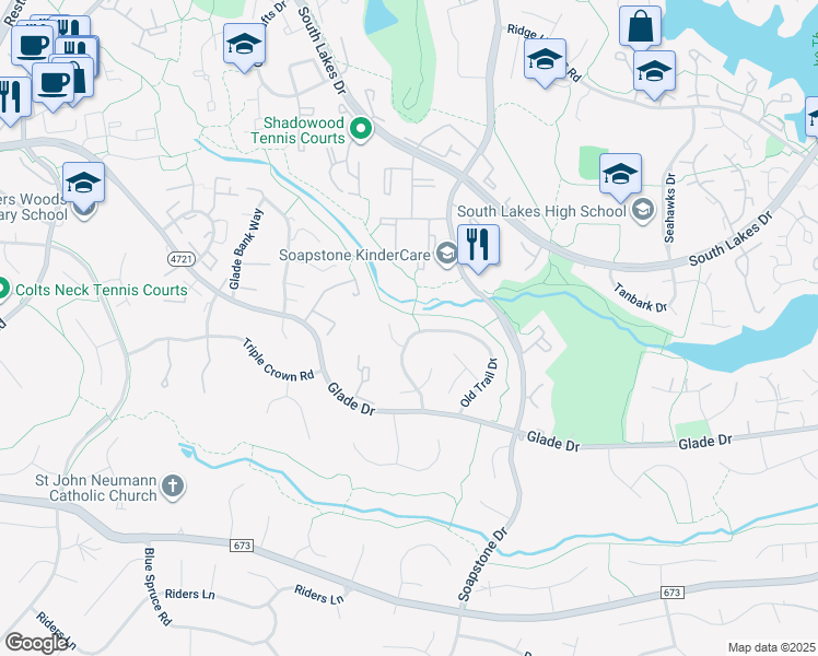 map of restaurants, bars, coffee shops, grocery stores, and more near 2357 Old Trail Drive in Reston