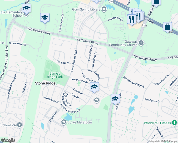 map of restaurants, bars, coffee shops, grocery stores, and more near 42045 Bear Tooth Drive in Aldie