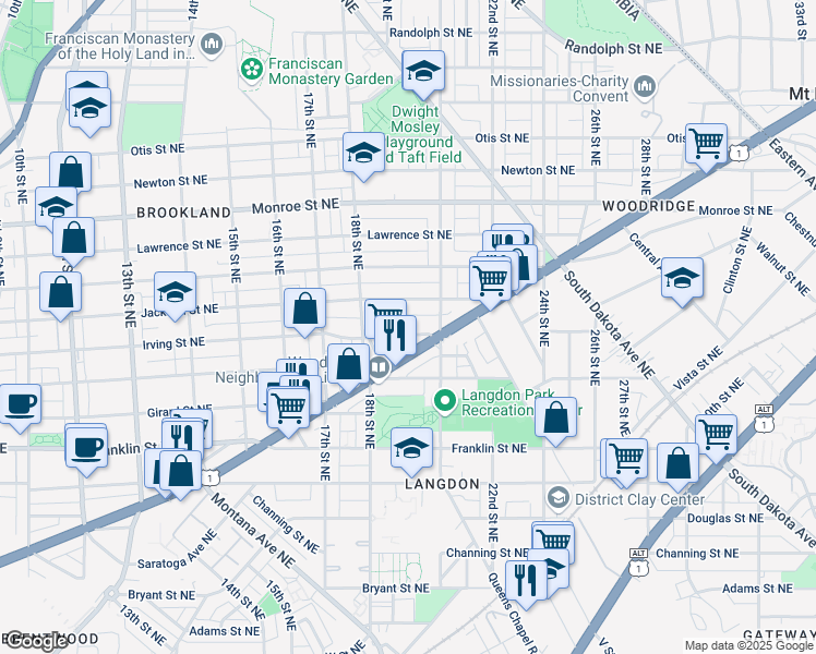 map of restaurants, bars, coffee shops, grocery stores, and more near 1904 Irving Street Northeast in Washington