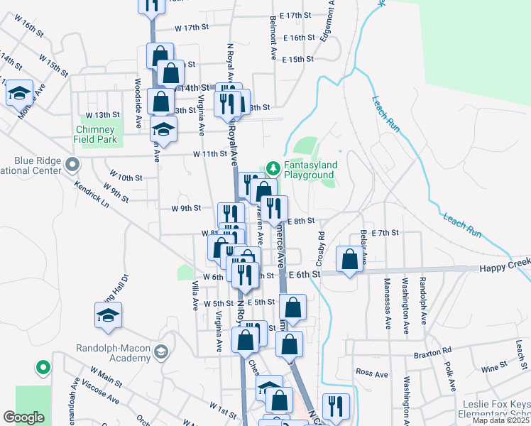 map of restaurants, bars, coffee shops, grocery stores, and more near 811 Warren Avenue in Front Royal