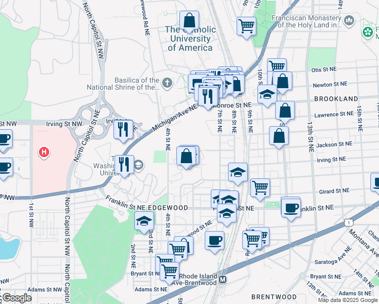 map of restaurants, bars, coffee shops, grocery stores, and more near 550 Regent Place Northeast in Washington