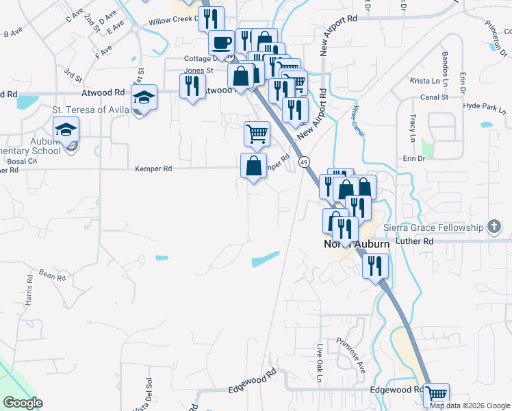map of restaurants, bars, coffee shops, grocery stores, and more near 2160 Precision Place in Auburn