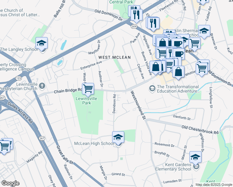 map of restaurants, bars, coffee shops, grocery stores, and more near 7012 Eastern Red Cedar Lane in McLean
