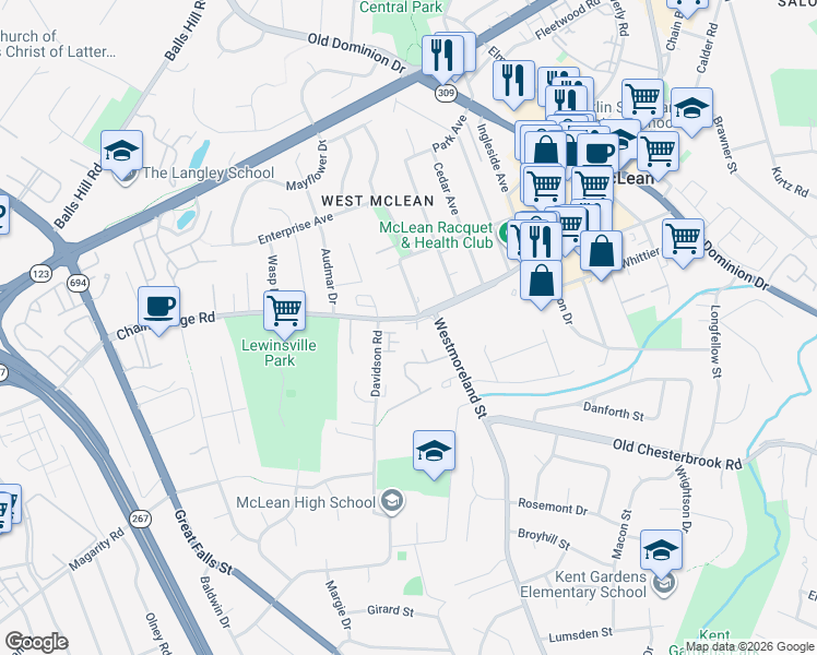 map of restaurants, bars, coffee shops, grocery stores, and more near 1540 Bruton Court in McLean
