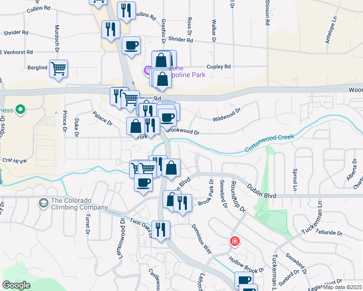 map of restaurants, bars, coffee shops, grocery stores, and more near 6717 Dublin Loop West in Colorado Springs