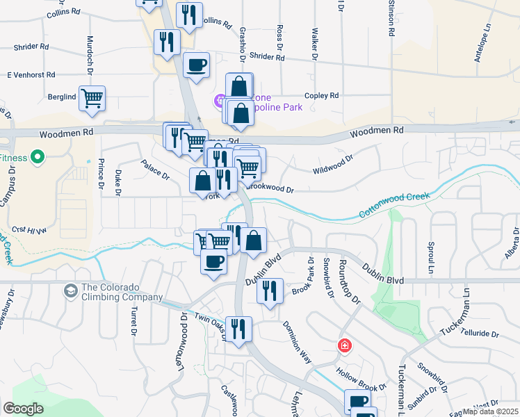 map of restaurants, bars, coffee shops, grocery stores, and more near 6708 Dublin Loop West in Colorado Springs