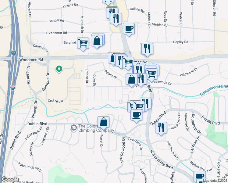 map of restaurants, bars, coffee shops, grocery stores, and more near 6735 Knight Drive in Colorado Springs