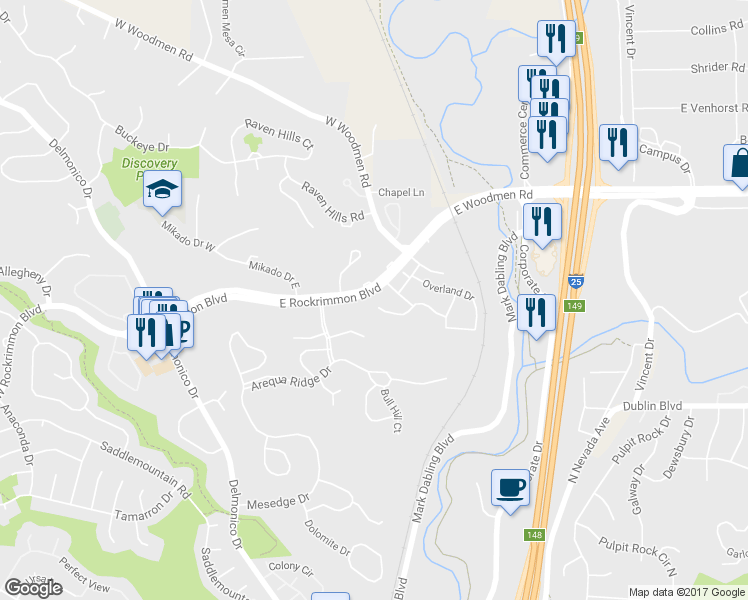 map of restaurants, bars, coffee shops, grocery stores, and more near 6847 Mountain Top Lane in Colorado Springs