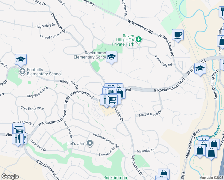 map of restaurants, bars, coffee shops, grocery stores, and more near 152 West Rockrimmon Boulevard in Colorado Springs