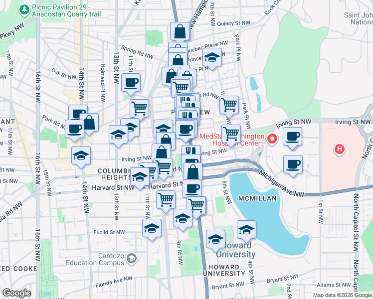 map of restaurants, bars, coffee shops, grocery stores, and more near 101 Independence Avenue Southeast in Washington