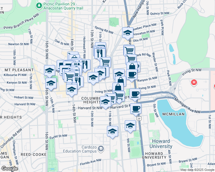 map of restaurants, bars, coffee shops, grocery stores, and more near in Washington