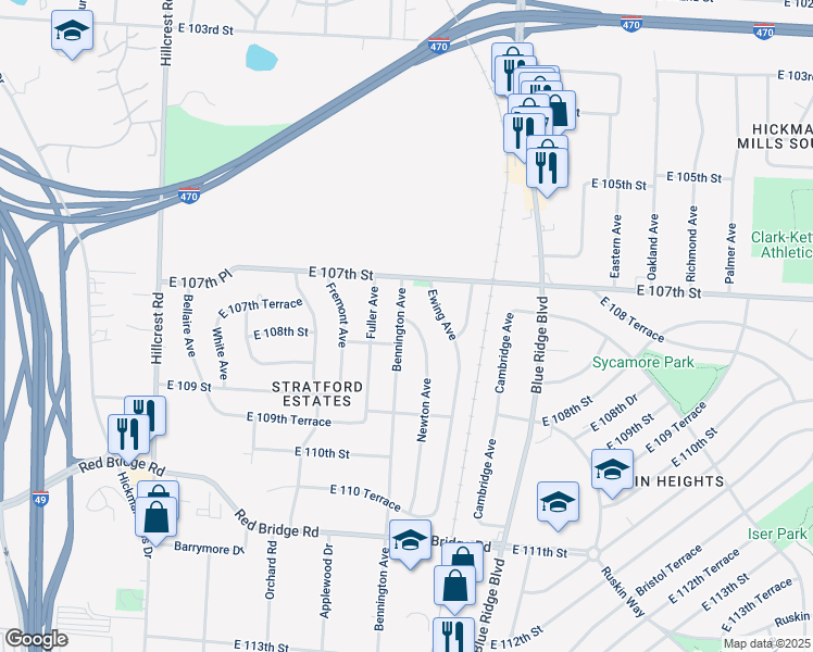 map of restaurants, bars, coffee shops, grocery stores, and more near 10712 Bennington Avenue in Kansas City