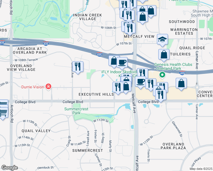map of restaurants, bars, coffee shops, grocery stores, and more near 7300 College Boulevard in Overland Park