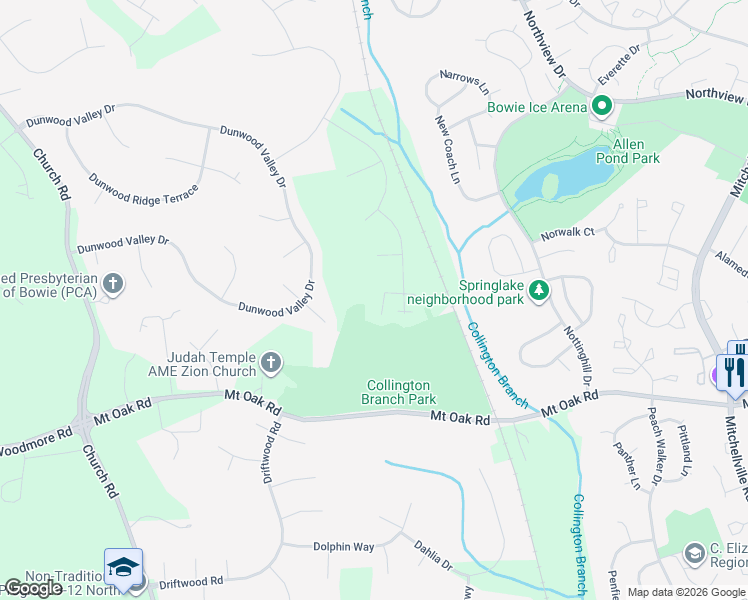 map of restaurants, bars, coffee shops, grocery stores, and more near 2912 Native Dancer Court in Bowie