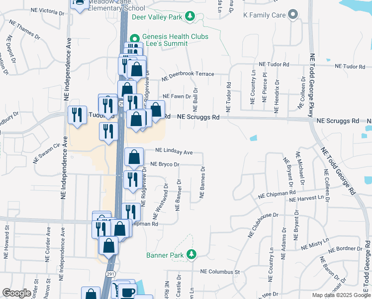 map of restaurants, bars, coffee shops, grocery stores, and more near 1116 Northeast Lindsay Avenue in Lee's Summit