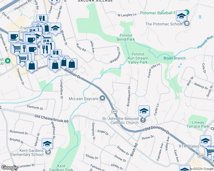 map of restaurants, bars, coffee shops, grocery stores, and more near 1501 Mintwood Drive in McLean