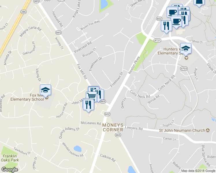 map of restaurants, bars, coffee shops, grocery stores, and more near 2468 Freetown Drive in Reston