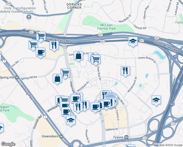 map of restaurants, bars, coffee shops, grocery stores, and more near Crestwood Heights Drive in Tysons