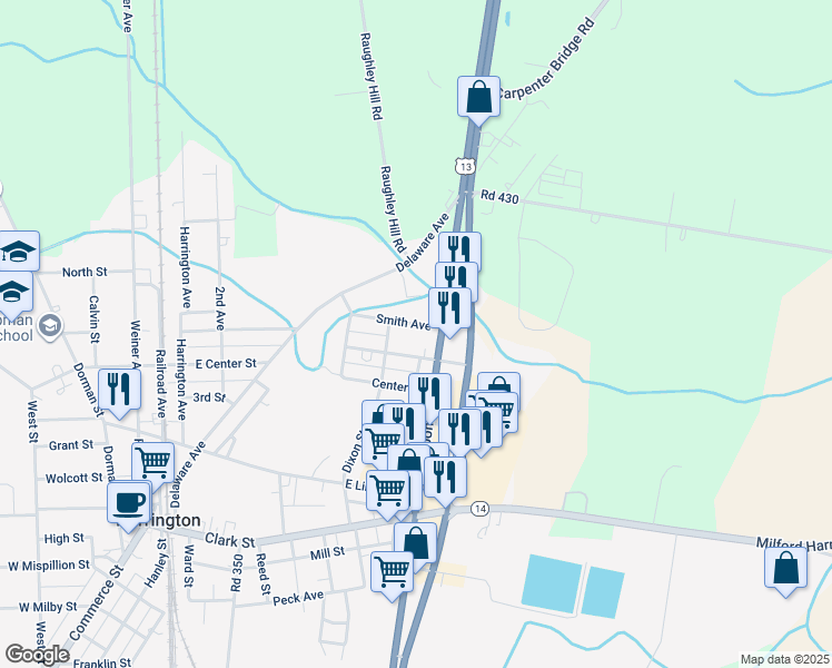 map of restaurants, bars, coffee shops, grocery stores, and more near 501 Smith Avenue in Harrington