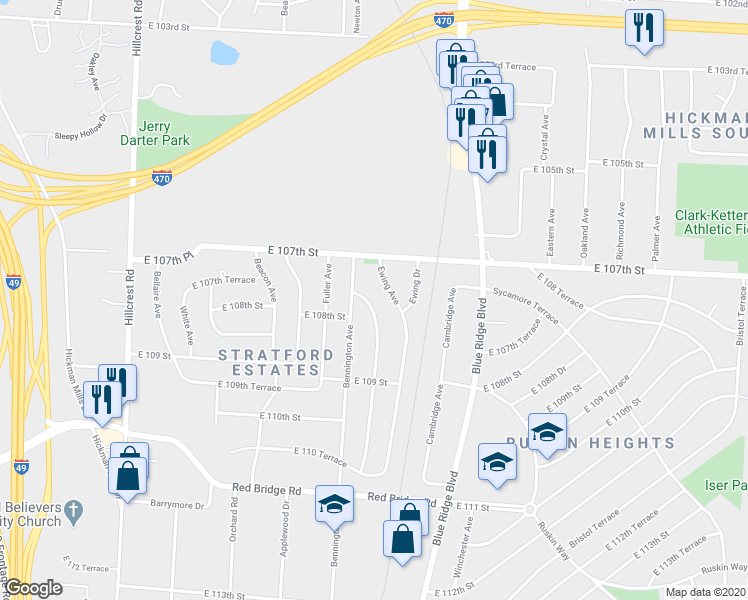 map of restaurants, bars, coffee shops, grocery stores, and more near 10712 Ewing Avenue in Kansas City