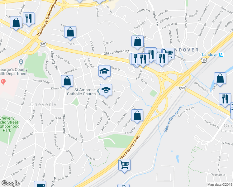 map of restaurants, bars, coffee shops, grocery stores, and more near 6327 Joslyn Place in Cheverly