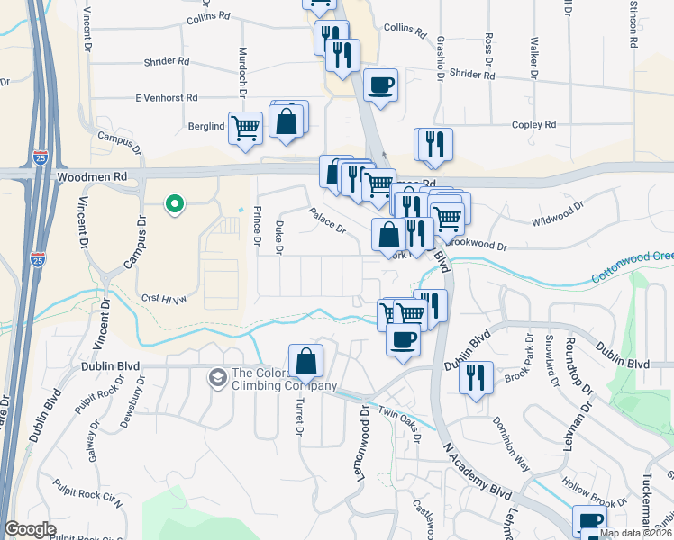 map of restaurants, bars, coffee shops, grocery stores, and more near 6735 Knight Drive in Colorado Springs
