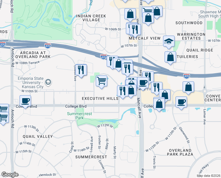 map of restaurants, bars, coffee shops, grocery stores, and more near 7300 College Boulevard in Overland Park