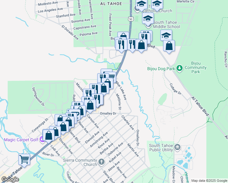 map of restaurants, bars, coffee shops, grocery stores, and more near Young St & Marjorie St in South Lake Tahoe