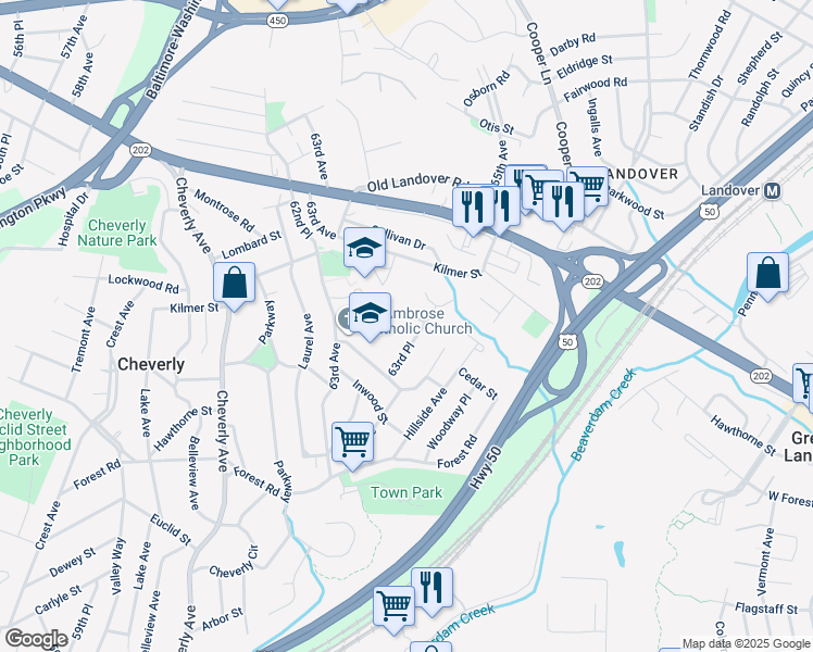 map of restaurants, bars, coffee shops, grocery stores, and more near 6327 Joslyn Place in Cheverly