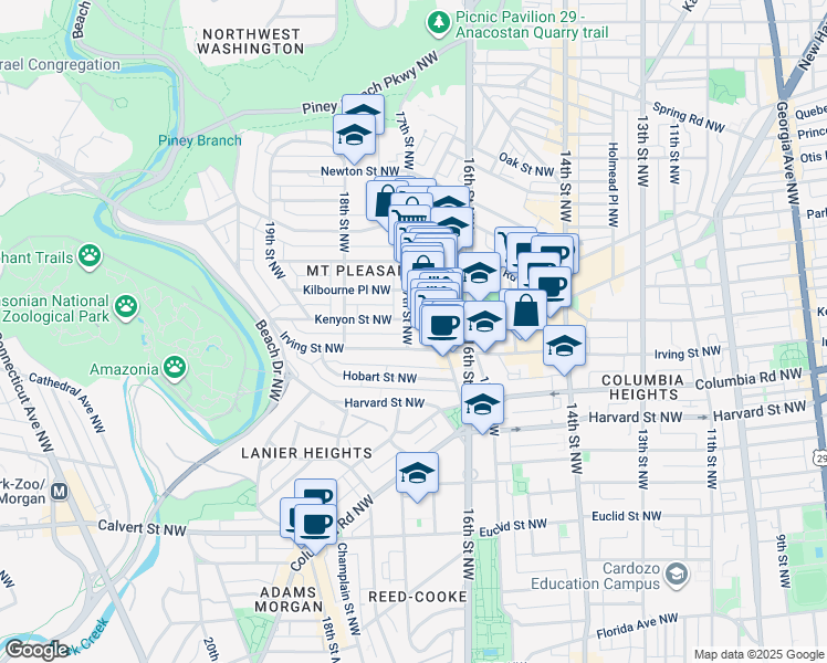 map of restaurants, bars, coffee shops, grocery stores, and more near 3105 17th Street Northwest in Washington
