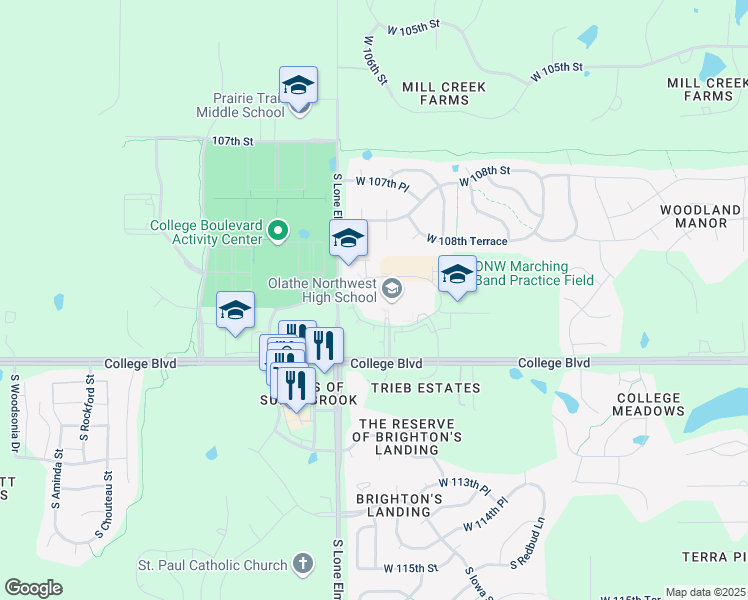 map of restaurants, bars, coffee shops, grocery stores, and more near 21300 College Boulevard in Olathe