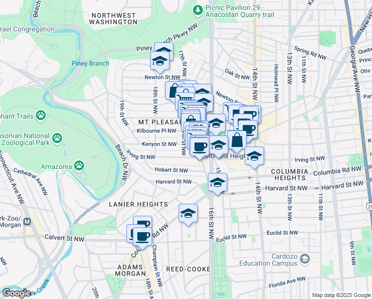 map of restaurants, bars, coffee shops, grocery stores, and more near 3105 17th Street Northwest in Washington