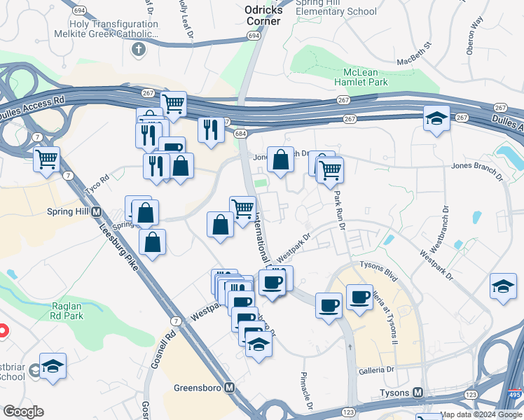 map of restaurants, bars, coffee shops, grocery stores, and more near Lincoln Circle in Tysons