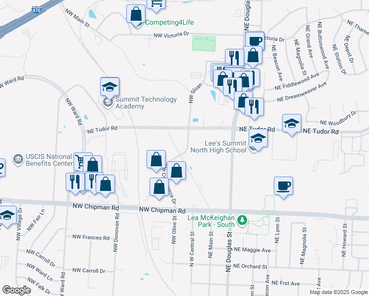 map of restaurants, bars, coffee shops, grocery stores, and more near 813 Northwest Main Street in Lee's Summit