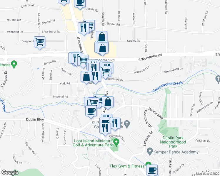map of restaurants, bars, coffee shops, grocery stores, and more near 6708 Dublin Loop West in Colorado Springs