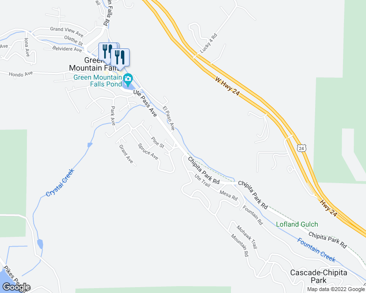 map of restaurants, bars, coffee shops, grocery stores, and more near 10210 Ute Pass Avenue in Green Mountain Falls