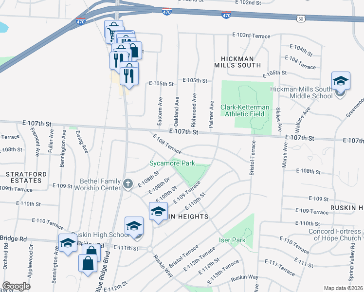 map of restaurants, bars, coffee shops, grocery stores, and more near 7402 East 108th Street in Kansas City